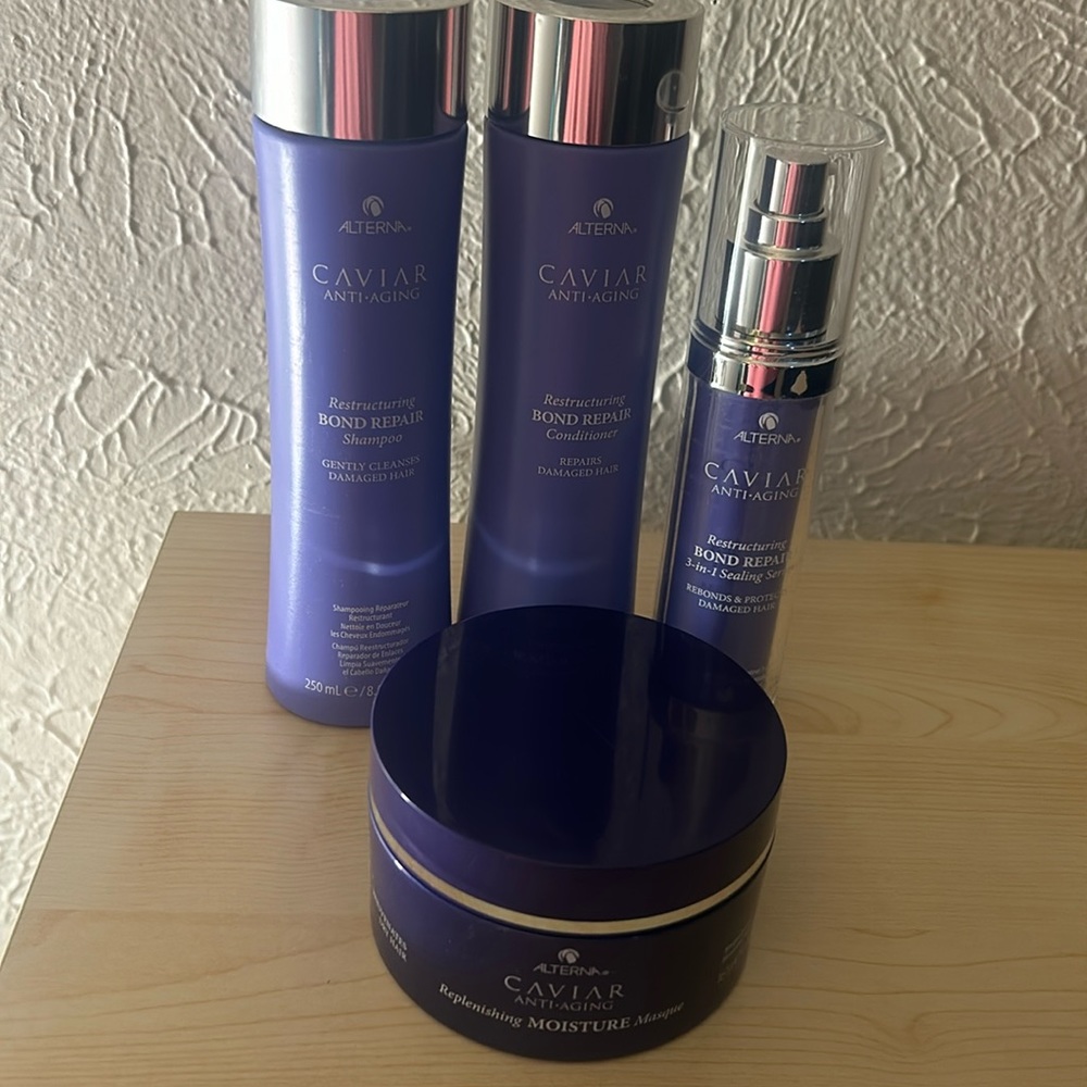Caviar bond repair shampoo and conditioner and anti aging mask, sealing serum